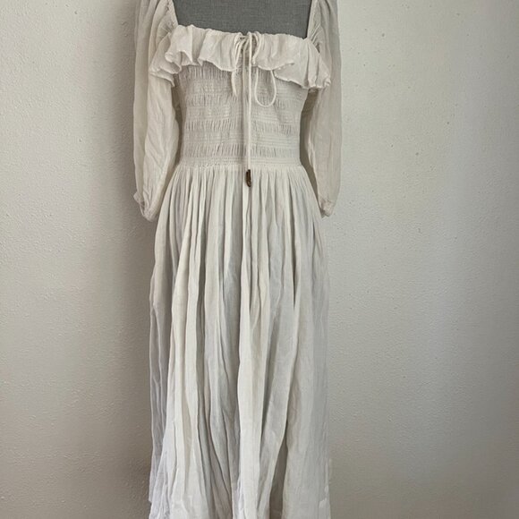Free People White Oasis Smocked Cotton Midi Dress Boho Cottagecore - Picture 3 of 7